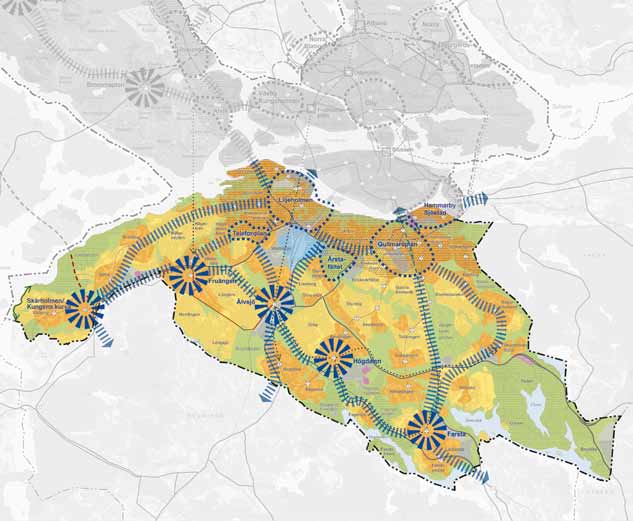 Översiktsplan för Stockholms stad Promenadstaden. På kartan visas Söderorts del i denna. 1 9 2 3 4 5 8 7 Viktiga utvecklingsområden och samband i de centrala delarna av Söderort: 1. Liljeholmen 2.