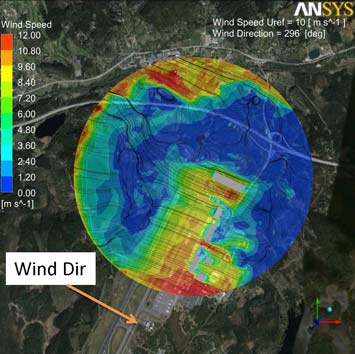9. Beräkningar 9.1 Altn 1: Vindriktning 296 & vindstyrka 10m/s 9.1.1 Vindstyrka 10m/s, vindriktning 296, marknivå Fig 9. Flygplatsen Fig 10.