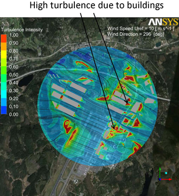 9.1.3 Vindstyrka 10m/s, vindriktning 296, 50m över marken Fig 13. Flygplatsen Fig 14. Flygplatsen med Airport City 9.1.4 Vindstyrka 10m/s, vindriktning 296, turbulens 10m över marken Fig 15.