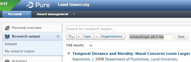 My research output söker fram all forskningsoutput som ligger i LUCRIS kopplat till dig. Det gäller så väl de som validerats om det som väntar på validering eller som ligger som Entry in progress.