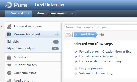 c) För att söka fram delmängden som du ska validera använder du följande filter (klicka ur My content ): - Workflow: välj de tre statusar i arbetsflödet som väntar på validering, dvs.