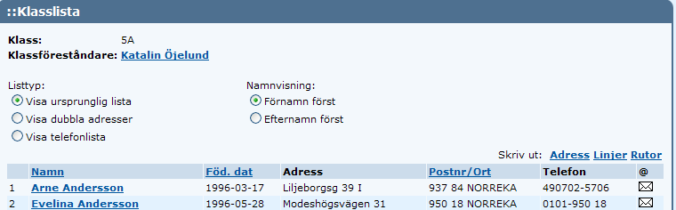 I namnvisning kan du välja Förnamn eller Efternamn först. Genom att klicka på Namn eller Föd.dat kan du ändra sorteringen.