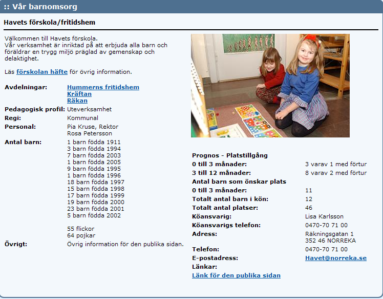 Exempel på information om en förskola/fritidshem Vad kostar barnomsorgen för mig? Klicka på Beräkna barnomsorgsavgift så kan du enkelt räkna ut vad avgiften kan bli för din familj.