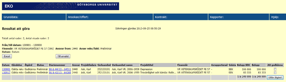 Lathund - Godkänn rekvisition eller faktura i EKO Resultatet presenteras i en lista enligt nedan. Listan visar 3st.