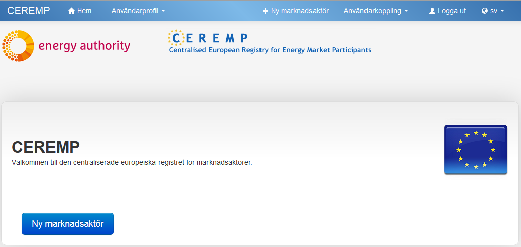 Registrering av marknadsaktörer Användaren är nu registrerad och inloggad i CEREMP. Härnäst registreras uppgifterna om marknadsaktören.