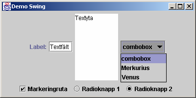 Några vanliga gränssnittskomponenter 8-13 Properties i klassen JComponent 8-14 Exempel på vanliga properties i klassen JComponent font Typsnitt som används för komponentens text tooltiptext Typsnitt