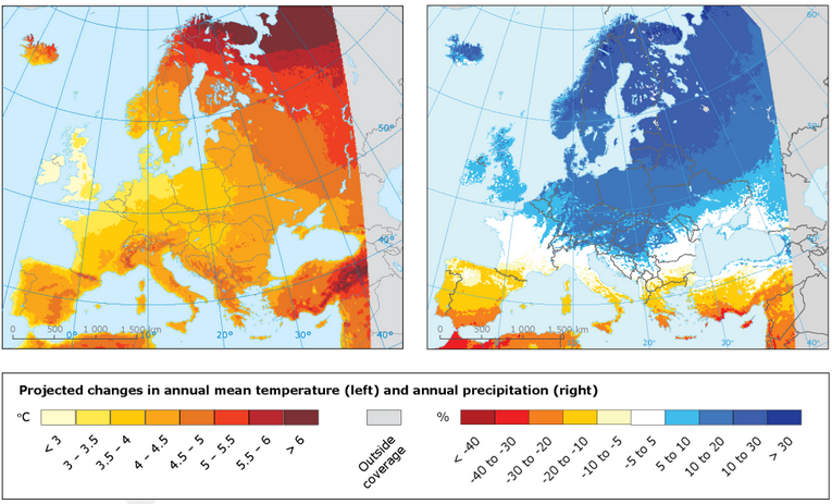 SOER2015 / European briefings/ Climate change impacts and adaptation Förväntade förändringar i Europa (medeltemperatur och årsnederbörd) Source: Climate change projections for Europe based on an