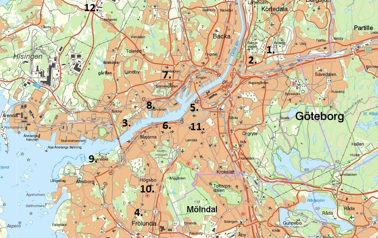 Lantmäteriet, i2014/764 Figur 33. Karta över simuleringarna: 1. Alivallen, 2. Artillerigatan, 3. Bratteråsparken, 4. Järnbrott, 5. Kronhusparken, 6. Kvarteret Kostern 7. Kvillebäcken, 8.