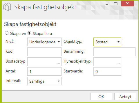 14 Nivå: Här bestäms om ett underliggande fastighetsbasobjekt skall skapas eller om det är på samma nivå. Objekttyp: Välj vilken typ av fastighetsbasobjekt som skall väljas.