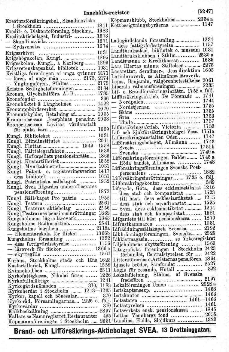 Innehålls-register [5247] Kreatursförsäkringsbol., Skandinaviska Köpmansklubb, Stockholms 2334 a i Stockholm 1811 Köttbesigtningsbyråerna 1147 Kredit- o. Diskontoförening, Stockh:s.