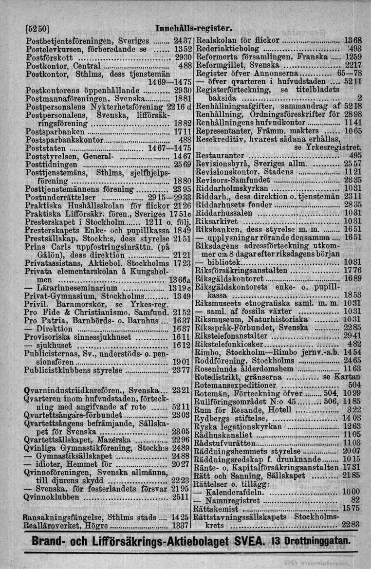 [5250] innehalls-tegf8ter. Postbetjenteföreningen, Sveriges 2437 Realskolan för flickor...... 1S~ Postelevkursen, förberedande se... '1352 Rederiaktiebolag t493 Postförskott ;.