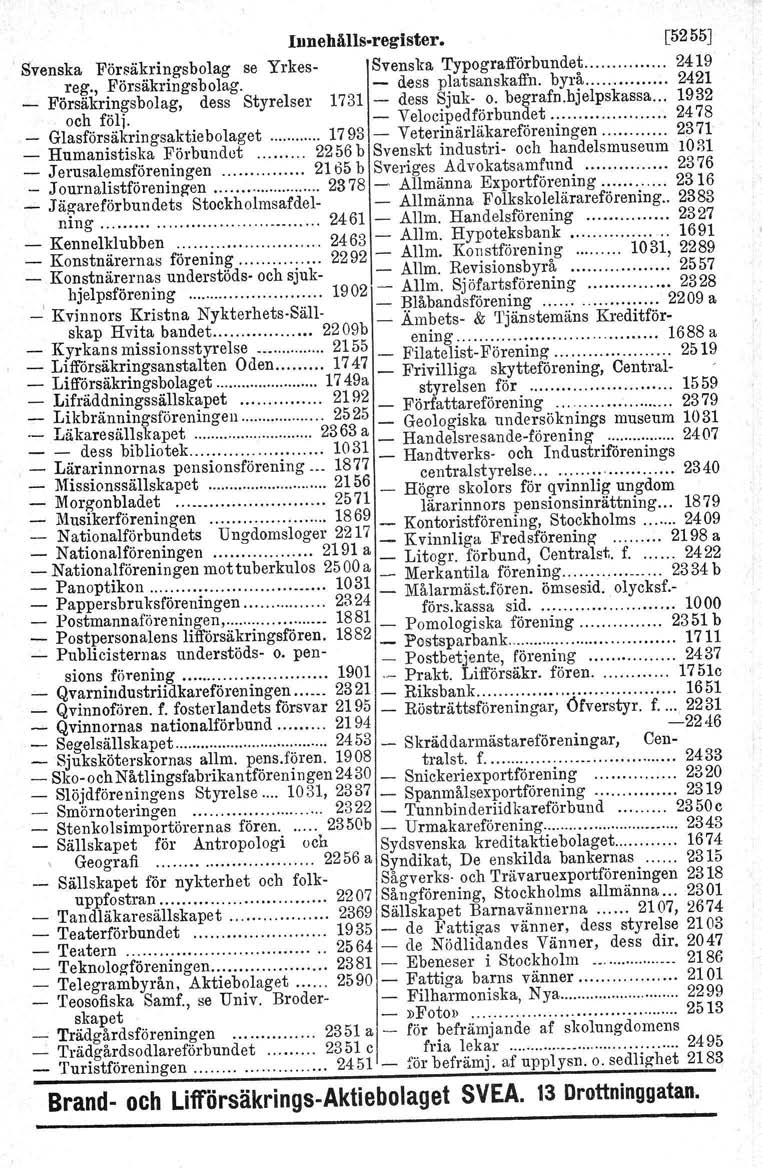 Innehålls-register. [5255] Svenska Pörsäkringsbolag se Yrkes- Svenska Typografförbundet 2419 reg., Försäkringsbolag. - dess platsanskaffn. byrå 2421 _ Försäkringsbolag, och föli.