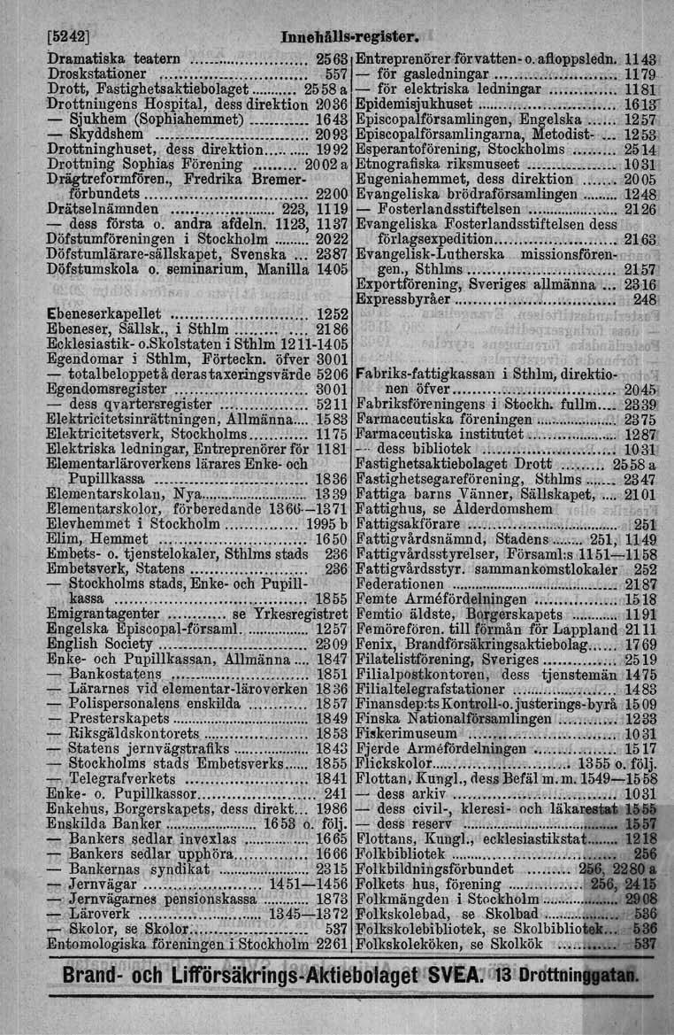 [5242] 1nDe1lAJ1M'egl8ter. Dramatiska teatem ;.. 2568 EntreprenÖrer förvatten o..afloppsledn. 1143 Drosksta.ti.oner ~~... 557 - för gasledningar '.