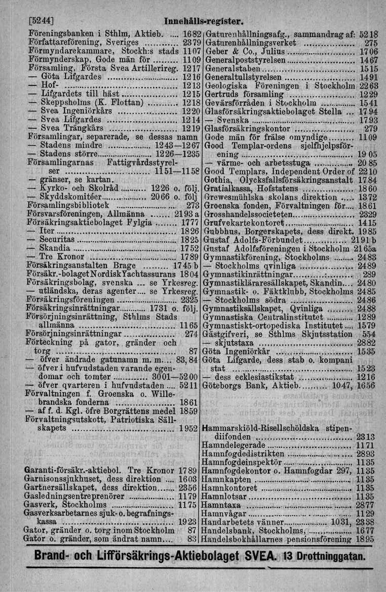 [5244].InneJlAlls-reglster. Föreningsbanken i Sthlm, Aktieb.... 1682 Gaturenhållninggafg., sa.mmandragaf: ~21S F~rfattaref6rening, Sver~ges...... 2379 GaturenhålJnings~erket.