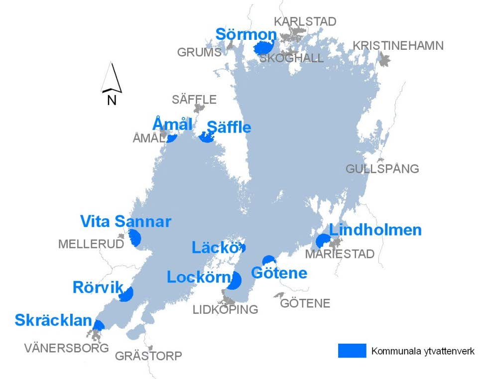 Figur 1. Kommunala råvattenintag i Vänern. Tabell 1. Kommunala råvattenintag i Vänern. Uppgifter är från 2007 9.