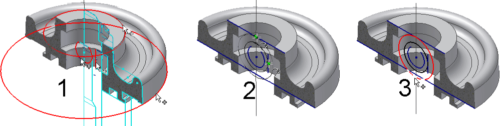 Skelett modellering Detalj 3 - locket 1. Starta ett nytt dokument med mallen STANDARD.IPT. 2. Gå ur skissläget och välj Derived Component, enligt figuren. 3. Välj Revolve och markera Profile samt Axis, enligt (2) i figuren.