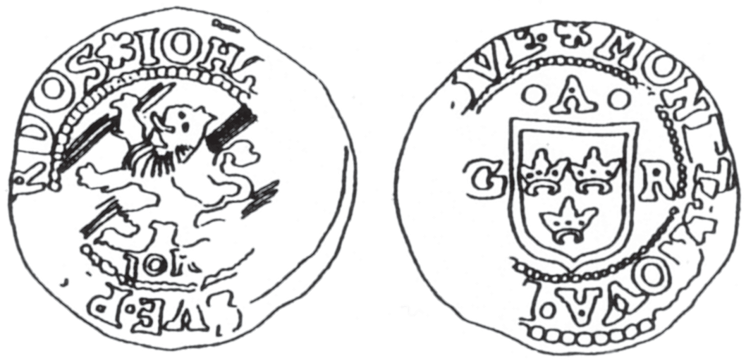 Vadstena (1612/13-1614/15) Typ II:2 Omskrift: L 3)(L 1 Den andra typens yngre fas benämns typ II:2 (fig. 4). Valören (1 ÖR) är placerad under lejonet (som är av stil 1).