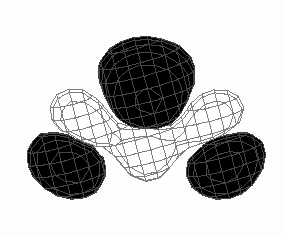 φ har nodytor mellan atomerna och är därför kraftigt antibindande. Genom böjningen övergår φ till en ensampar-mo och blir mindre antibindande: Energin minskar alltså vid vridning.