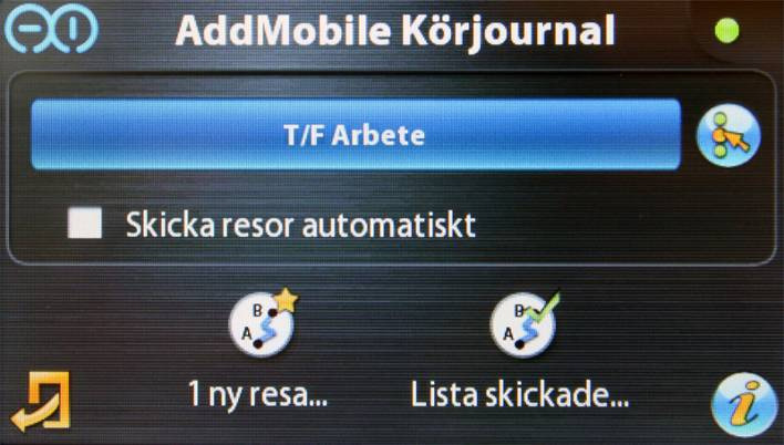 Körjournal Översiktsbilden Översiktsbilden ger dig följande information: 1. Om du har ställt in enheten att skicka in resor automatiskt (se nedan) 2. Om du har några obehandlade resor 3.