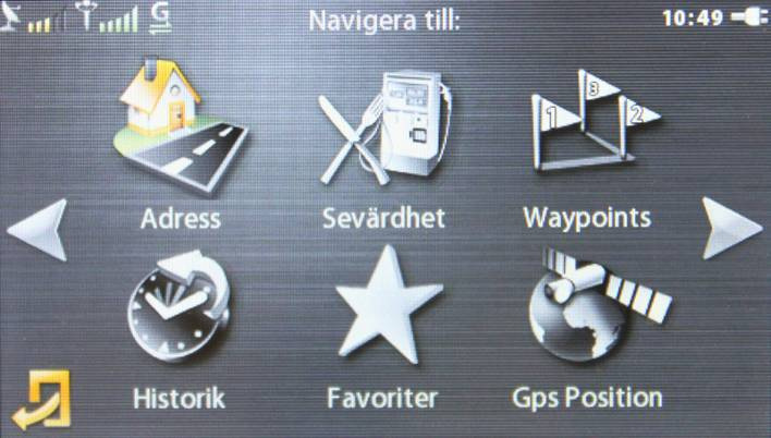 Genom att peka på kartan så aktiveras Navigationsmenyn Knapparna innebär: Navigera till - Här matar du in den adress eller intressepunkt du vill navigera till (mer info nedan).