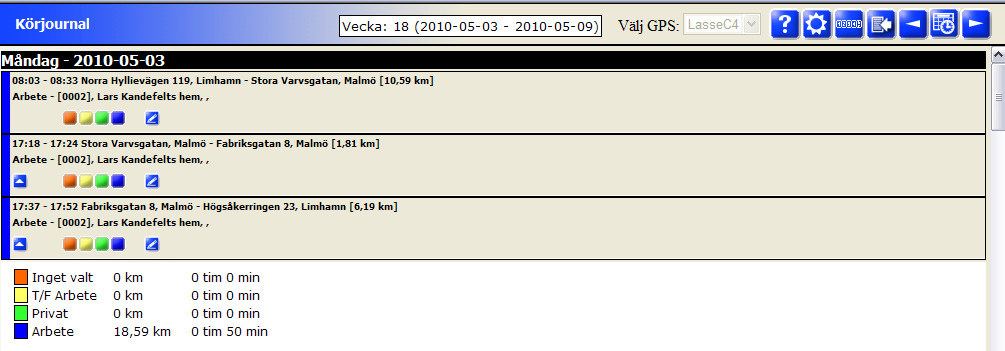 Körjournal på datorn Lista resor 1. Logga in i Toolbox 2. Klicka på Körjournal i menyn. (Denna meny kan se olika ut beroende på vilka moduler man har aktiverade) 3.