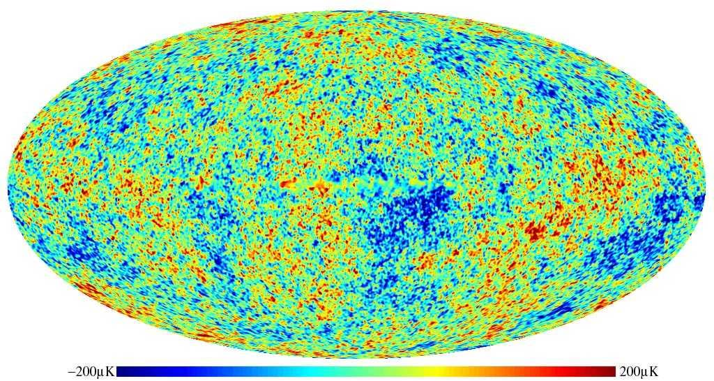 Bild på hur universum såg ut 379000 år gammal. Bilden tagen med Wilkinson Microwave Anisotropy Probe (WMAP) år 2003 Bilden ovan visar hur 2.