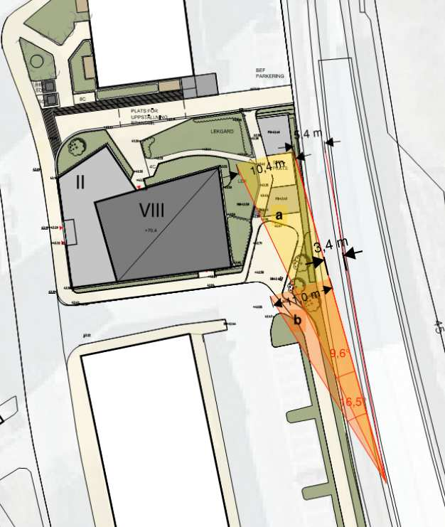 Figur 5. Tågets färd efter urspårning för modell a) respektive b). Källa: (Stockholms stadsbyggnadskontor, 2014