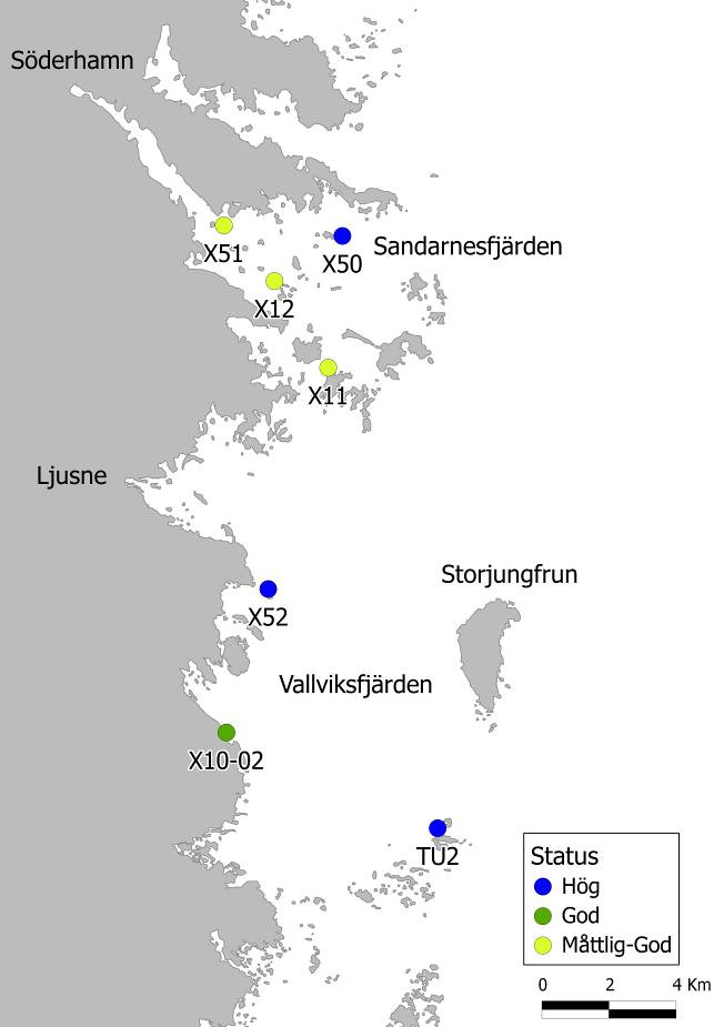 Figur 12. Bedömd ekologisk status på de besökta lokalerna. Statusen klassas i en fem-gradig skala: hög, god, måttlig, otillfredsställande eller dålig status.