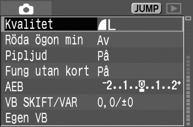 Menyhantering Du använder olia valfria inställningar på menyerna för att ställa in till exempel bildregistreringsvalitet, behandlingsparametrar, datum/ locslag och funtioner för egen programmering.