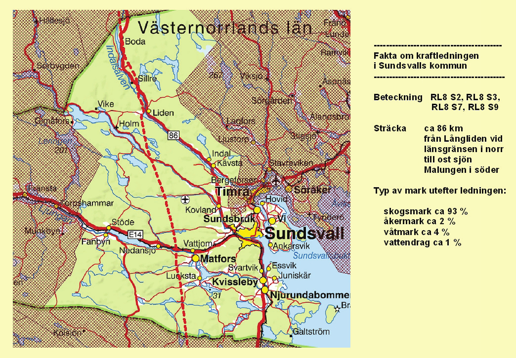 39 08 MILJÖKONSEKVENSER VÄSTERNORRLANDS LÄN 8.1 SUNDSVALLS KOMMUN Kraftledningen (RL8) sträcker sig från Stadsforsen i Ragunda kommun i Jämtlands län, söderut till Untra i Tierps kommun i Uppsala län.