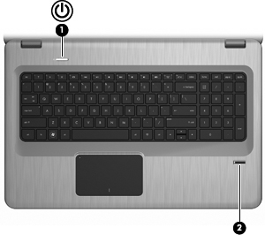 Knappar och fingeravtrycksläsare (endast vissa modeller) Altern ativ Beskrivning Funktion (1) Strömknapp Tryck på strömknappen för att: Starta datorn. Initiera Strömsparläge. Avsluta Strömsparläge.