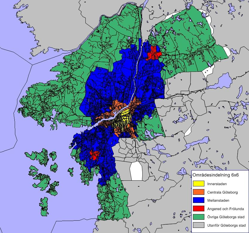 PM UNDERLAG TRAFIKSTRATEGI 2013-03-20 6 (67) Figur 3-1 Områdesindelning 6x6 Områdesindelningen för Göteborg kommun ej stad (5), Mellanstaden (3) och Centrala staden (2) har plockats ut från de