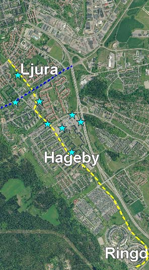 Delprojekten 1. Utbyggnad av ny spårvägslinje från centrum till Ljura-Hageby- Navestad, 2. Nybyggnation av Ljuragatan i 3.