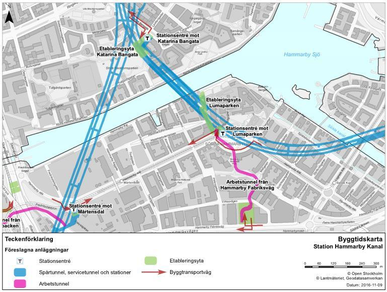 Station Hammarby Kanal Stationsentréer och etableringsytor för station Hammarby Kanal redovisas i Figur 9.