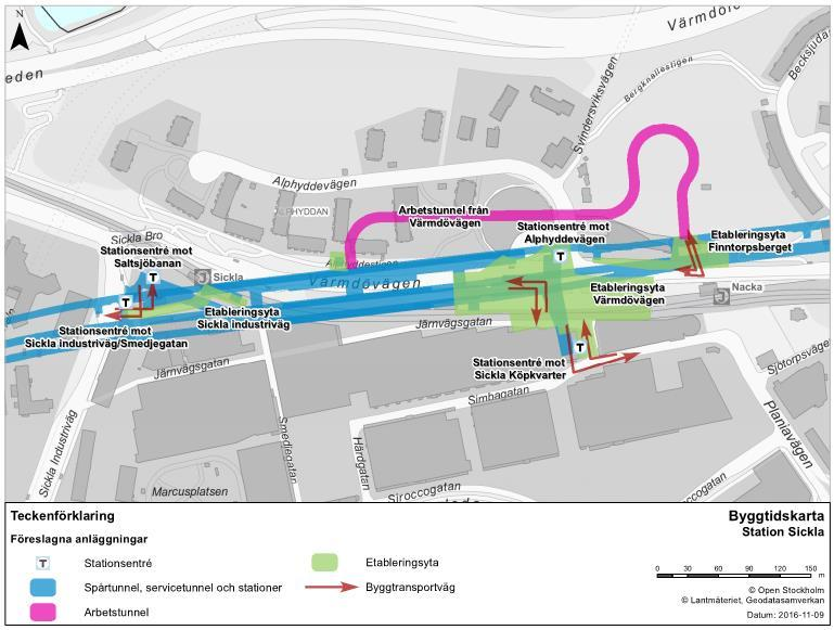 Station Sickla Stationsentréer och etableringsytor för station Sickla redovisas i Figur 10Figur 8. Figur 10. Stationsentréer och etableringsytor i anslutning till station Sickla.