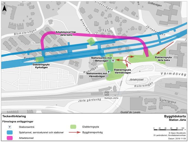 Station Järla Stationsentréer och etableringsytor för station Järla redovisas i Figur 11. Figur 11. Stationsentréer och etableringsytor vid station Järla.