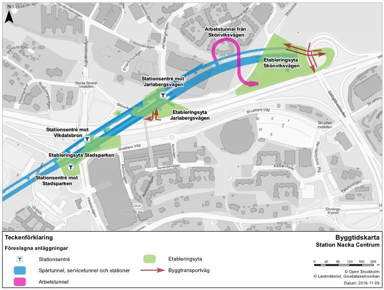 Station Nacka Centrum Stationsentréer och etableringsytor för station Nacka Centrum redovisas i Figur 12. Figur 12. Stationsentréer och etableringsytor vid station Nacka Centrum.