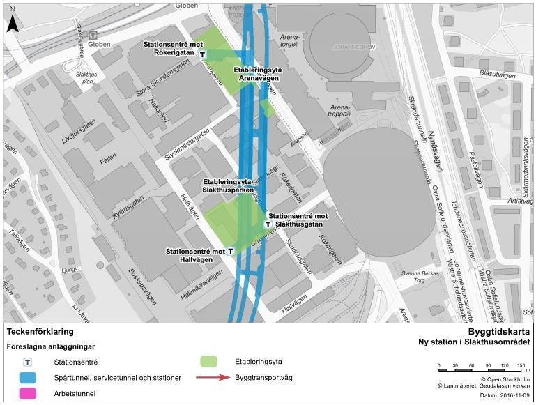 Etableringsyta Gullmarsplan anordnas i anslutning till befintlig station. Vid Skansbacken tas etableringsytor i anspråk för byggande av ventilationstorn.