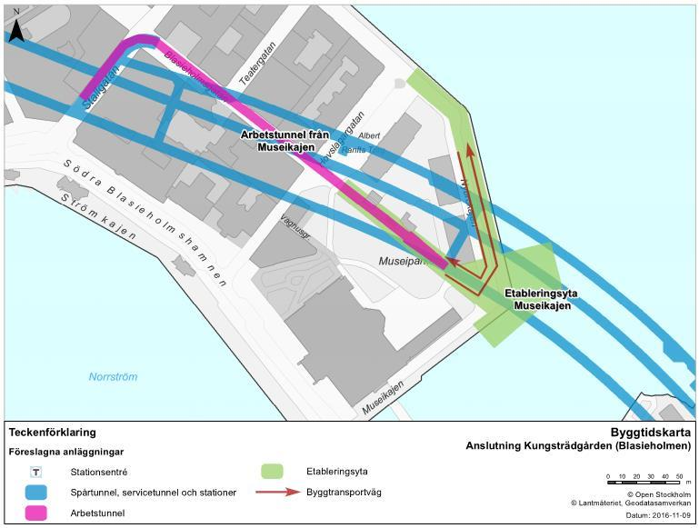 Anslutning Kungsträdgården (Blasieholmen) Etableringsytan för anslutning Kungsträdgården redovisas i Figur 16. Figur 16. Etableringsyta vid anslutning Kungsträdgården (Blasieholmen).