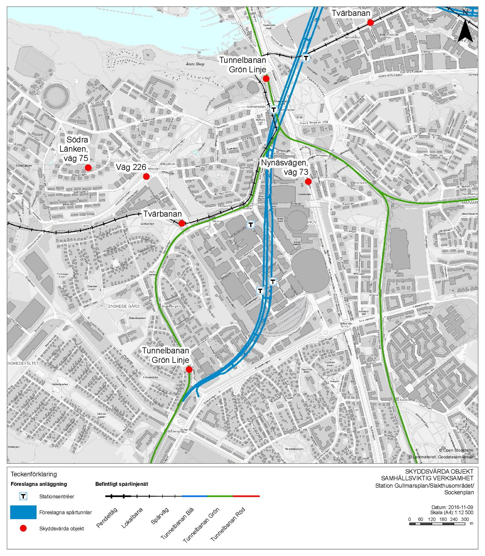 Figur 25. Samhällsviktiga verksamheter vid station Gullmarsplan och ny station i Slakthusområdet.