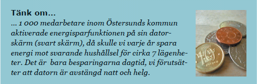 Använd datorn med förnuft En dator med bildskärm kräver en eleffekt på cirka 100 Watt, varav ungefär hälften används av skärmen.