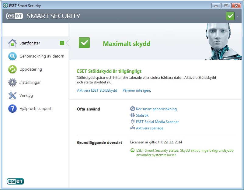 3. Nybörjarguide Detta kapitel ger en inledande översikt över ESET Smart Security och grundinställningarna. 3.1 Programmets huvudfönster ESET Smart Security huvudfönster är indelat i två huvuddelar.
