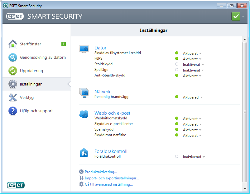 4. Arbeta med ESET Smart Security Med de olika inställningsalternativen för ESET Smart Security går det att ställa in rätt säkerhetsnivå för datorn och nätverket.