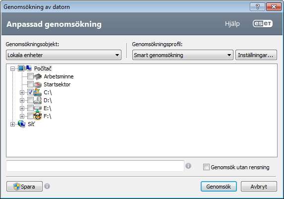 Infekterade objekt rensas inte automatiskt. En genomsökning utan rensning ger dig en översikt över aktuell skyddsstatus.