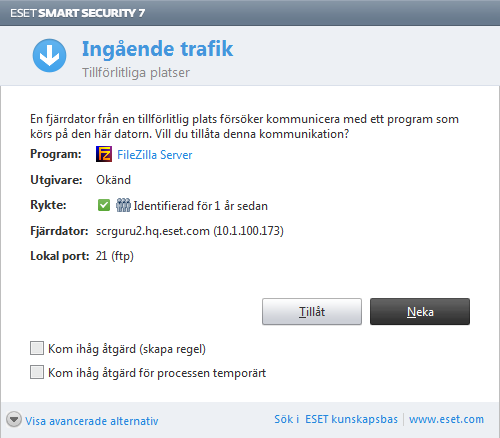 4.2.5 Etablera en anslutning - identifiering Den personliga brandväggen identifierar varje ny nätverksanslutning. Det aktuella brandväggsläget avgör vilka åtgärder som ska utföras för den nya regeln.