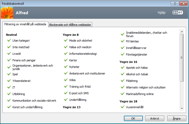 4.4.1 Filtrering av innehåll på webbsida Om kryssrutan intill en kategori är markerad är den tillåten. Avmarkera kryssrutan intill en kategori för att blockera den för det valda kontot.