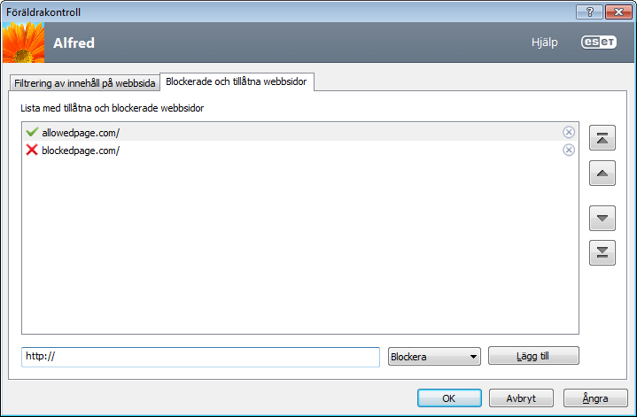 4.4.2 Blockerade och tillåtna webbsidor Ange en webbadress i det tomma fältet under listan, markera Tillåt eller Blockera och klicka på Lägg till för att lägga till den på listan.