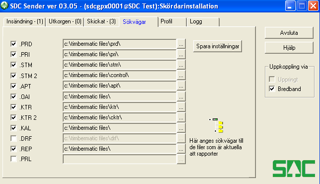 6 Fliken Sökvägar I denna flik går det att ange vilka filtyper som ska sändas iväg till SDC. För respektive filtyp går det också att ange sökvägen till filtypen.