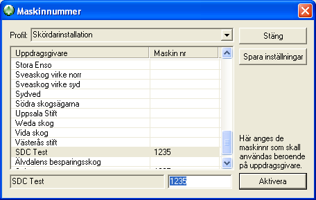 här skriver det över eventuellt maskinnummer som fanns med i den ursprungliga filen. Kör maskinen för flera uppdragsgivare går det att ange olika förvalda värden.