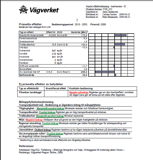 65 Figur 7.2 Ett exempel på sid 2 i en samlad effektbedömning av investering i åtgärdsplaneringen, i storleksklassen under 500 miljoner kr.